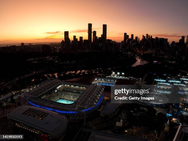 In this aerial view, Rod Laver Arena and Melbourne Park are seen during the Semifinal singles match against Magda Linette of Poland and Aryna...