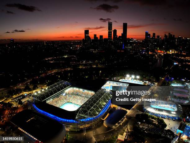 In this aerial view, Rod Laver Arena and Melbourne Park are seen during the Semifinal singles match against Magda Linette of Poland and Aryna...