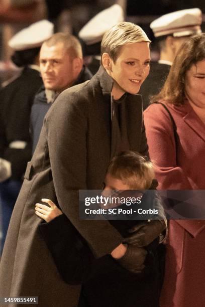 Princess Charlene of Monaco and Prince Jacques of Monaco attend the Ceremony Of The Sainte-Devote on January 26, 2023 in Monaco, Monaco.