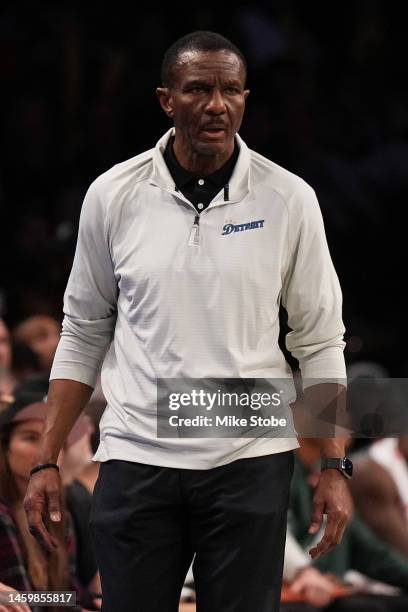 Head Coach Dwane Casey of the Detroit Pistons calls out from the bench during the game against the Brooklyn Nets at Barclays Center on January 26,...