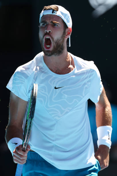 Karen Khachanov reacts in the Semifinal singles match against Stefanos Tsitsipas of Greece during day 12 of the 2023 Australian Open at Melbourne...