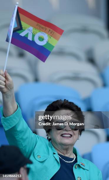 Billie Jean King waves an AO Pride flag during day 12 of the 2023 Australian Open at Melbourne Park on January 27, 2023 in Melbourne, Australia.