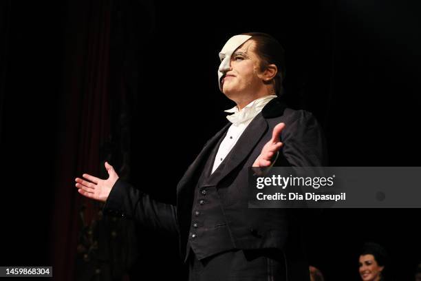 Ben Crawford, as "The Phantom", takes his curtain call at the 35th anniversary performance of Andrew Lloyd Webber's "The Phantom of the Opera" on...