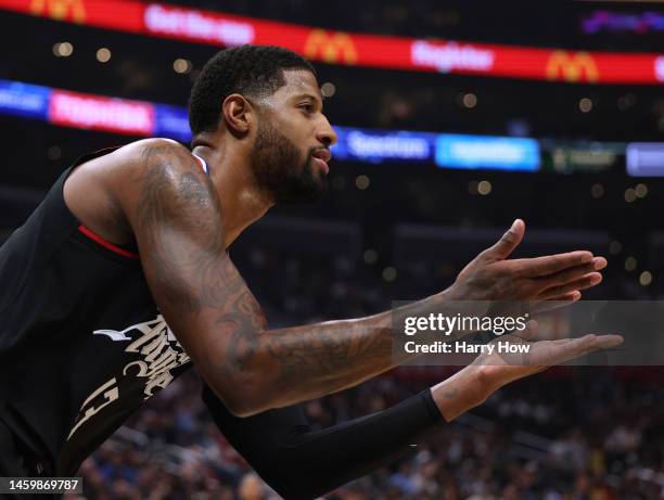 Paul George of the LA Clippers reacts after his dunk during the first half against the San Antonio Spurs at Crypto.com Arena on January 26, 2023 in...