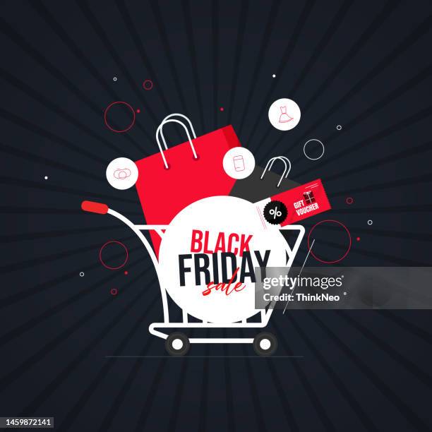 ilustraciones, imágenes clip art, dibujos animados e iconos de stock de super potente, súper venta de black friday en todos los productos con carrito de compras flotante y bolsa de compras - black friday