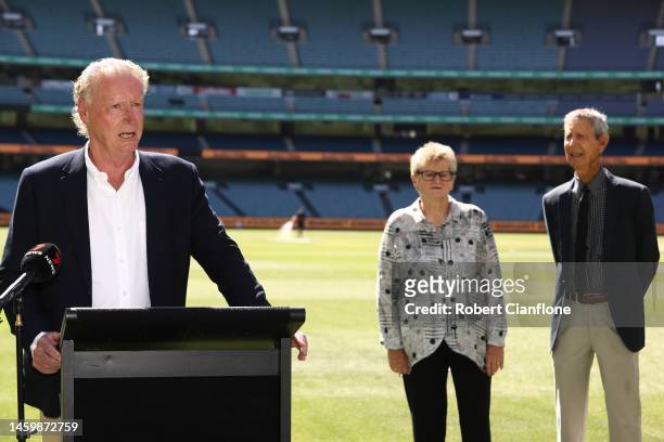 Chairman of the Australian Cricket Hall of Fame, Peter King speaks during Australian Cricket Hall of Fame Announcement at Melbourne Cricket Ground on...