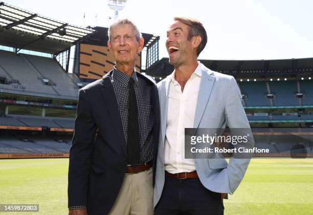 Ian Redpath and his son Andrew Redpath pose at the Australian Cricket Hall of Fame Announcement at Melbourne Cricket Ground on January 27, 2023 in...