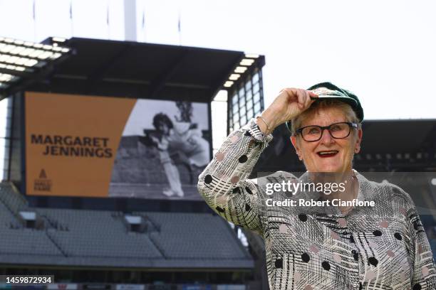 Margaret Jennings is seen during Australian Cricket Hall of Fame Announcement at Melbourne Cricket Ground on January 27, 2023 in Melbourne, Australia.