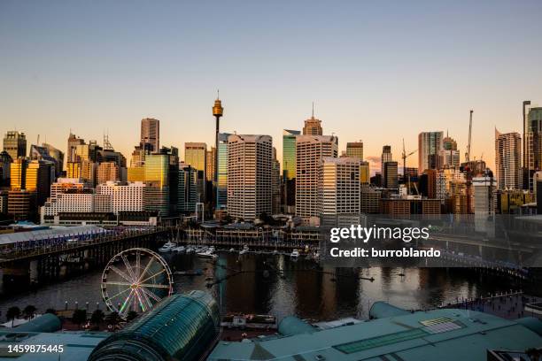sydney's cdb skyline from darling harbour in golden colours at sunset on a clear day - darling harbour stock pictures, royalty-free photos & images