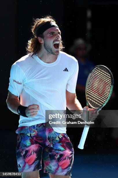 Stefanos Tsitsipas of Greece reacts in the Semifinal singles match against Karen Khachanov during day 12 of the 2023 Australian Open at Melbourne...