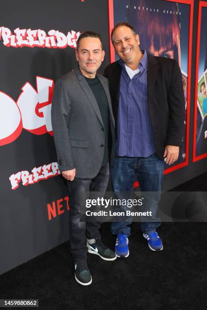 Eddie Gonzalez and Jeremy Haft attend Netflix's "Freeridge" Season 1 premiere at Netflix Tudum Theater on January 26, 2023 in Los Angeles, California.