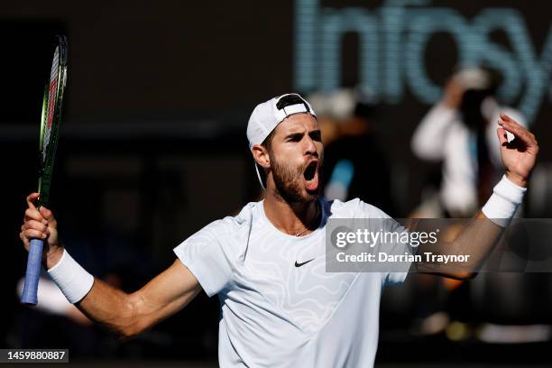 Karen Khachanov reacts in the Semifinal singles match against Stefanos Tsitsipas of Greece during day 12 of the 2023 Australian Open at Melbourne...