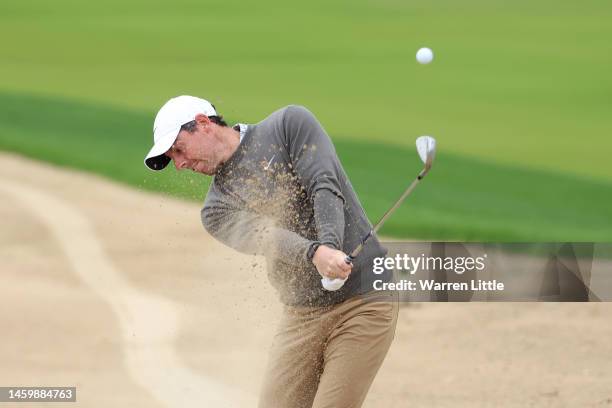 Rory McIlroy of Northern Ireland plays their second shot for an eagle on the 8th hole during Day Two the Hero Dubai Desert Classic at Emirates Golf...