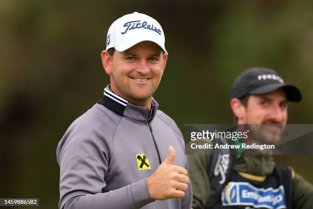 Bernd Wiesberger of Austria gives a thumbs up following their second shot on the 18th hole during Day Two the Hero Dubai Desert Classic at Emirates...