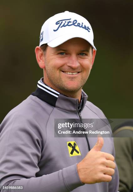 Bernd Wiesberger of Austria gives a thumbs up following their second shot on the 18th hole during Day Two the Hero Dubai Desert Classic at Emirates...