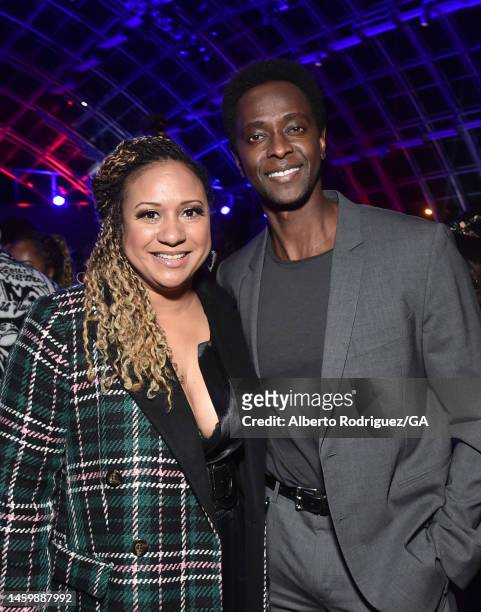 Tracie Thom and Edi Gathegi attend the after party for Los Angeles Red Carpet Premiere Event For Hulu's "The 1619 Project" at Academy Museum of...