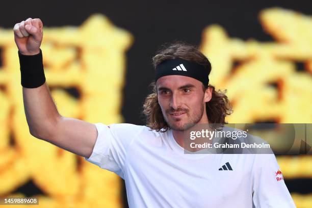 Stefanos Tsitsipas of Greece celebrates winning in the Semifinal singles match against Karen Khachanov during day 12 of the 2023 Australian Open at...