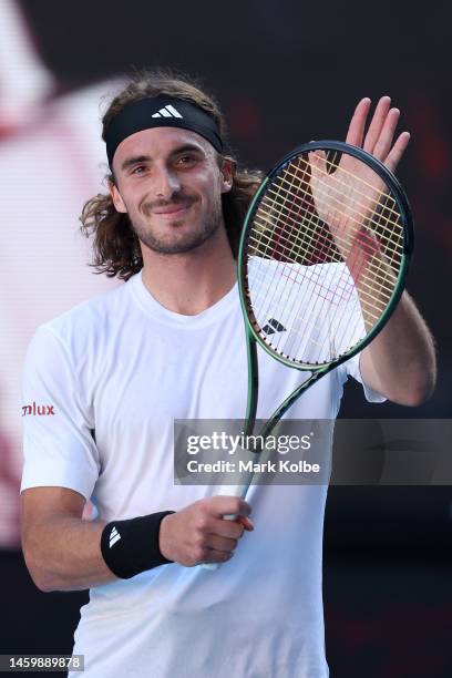 Stefanos Tsitsipas of Greece celebrates winning in the Semifinal singles match against Karen Khachanov during day 12 of the 2023 Australian Open at...