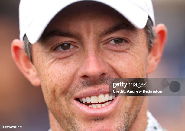 Rory McIlroy of Northern Ireland speaks with the media following their round on Day Two the Hero Dubai Desert Classic at Emirates Golf Club on...