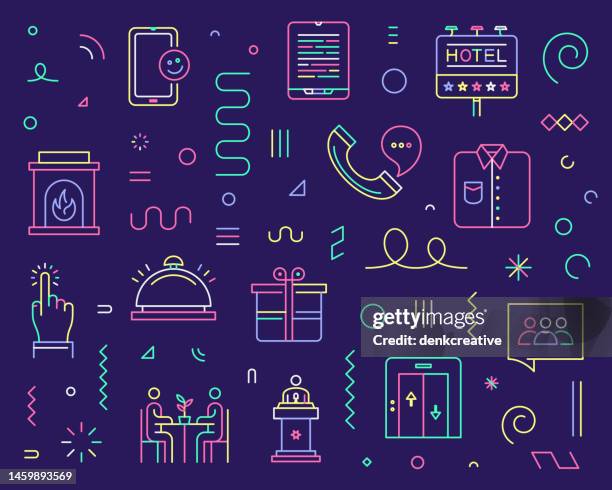 line icon set & pattern for accommodation & hospitality - hotel interior signage stock illustrations