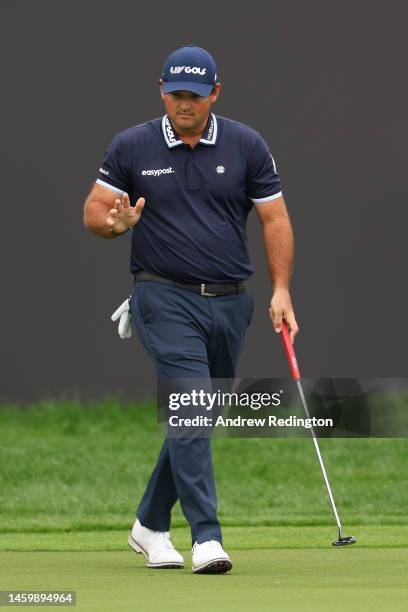 Patrick Reed of The United States celebrates holing an eagle putt on the 18th green during Day Two of the Hero Dubai Desert Classic at Emirates Golf...