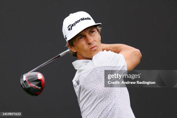 Thorbjorn Olesen of Denmark tees off on the 2nd hole during Day Two the Hero Dubai Desert Classic at Emirates Golf Club on January 27, 2023 in Dubai,...