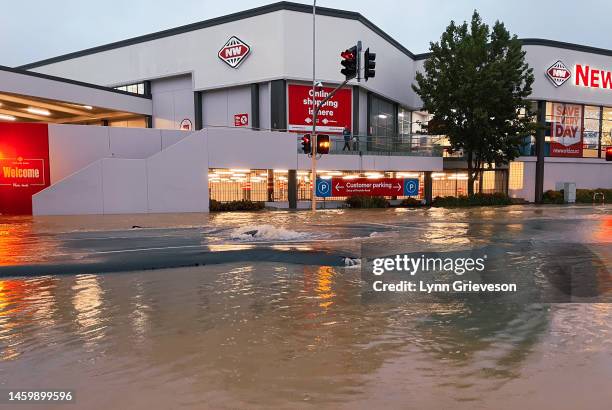 General view of a flooded Victoria Street on January 27, 2023 in Auckland, New Zealand. Heavy rainfall, the most rain ever recorded in one day...