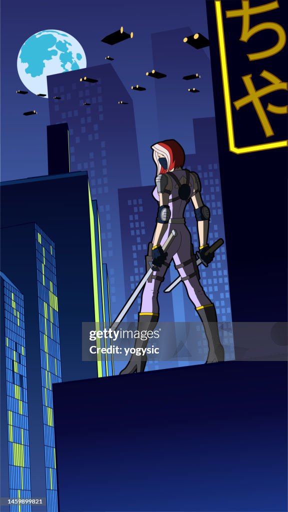 Vector Anime Style Female Assassin in a Cyberpunk City Vertical Stock Illustration