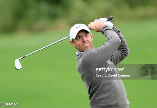 Rory McIlroy of Northern Ireland plays his second shot on the ninth hole during the completion of his first round on Day Two the Hero Dubai Desert...