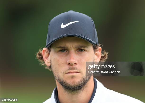 Thomas Pieters of Belgium waits to play his third shot on the ninth hole during the completion of his first round on Day Two the Hero Dubai Desert...