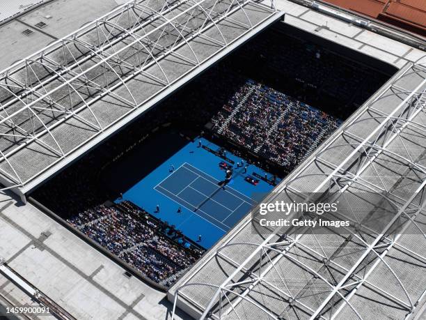 In this aerial view, Rod Laver Arena and Melbourne Park are seen during the Semifinal singles match against Stefanos Tsitsipas of Greece and Karen...