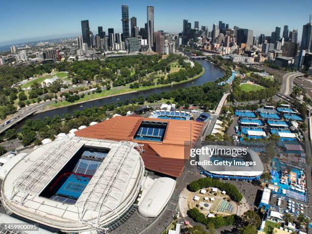 In this aerial view, Rod Laver Arena and Melbourne Park are seen on day 12 of the 2023 Australian Open at Melbourne Park on January 27, 2023 in...