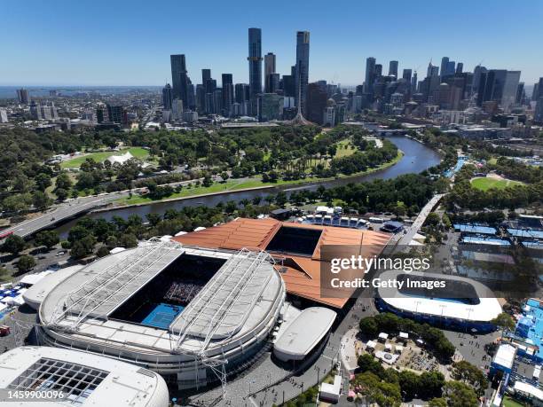 In this aerial view, Rod Laver Arena and Melbourne Park are seen during the Semifinal singles match against Stefanos Tsitsipas of Greece and Karen...