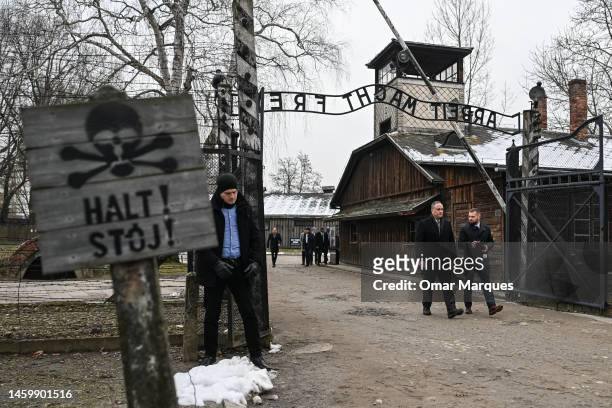 Second Gentleman, Douglas Emhoff , walks past the main gate of the former Auschwitz Concentration Camp during the Holocaust Remembrance Day at the...