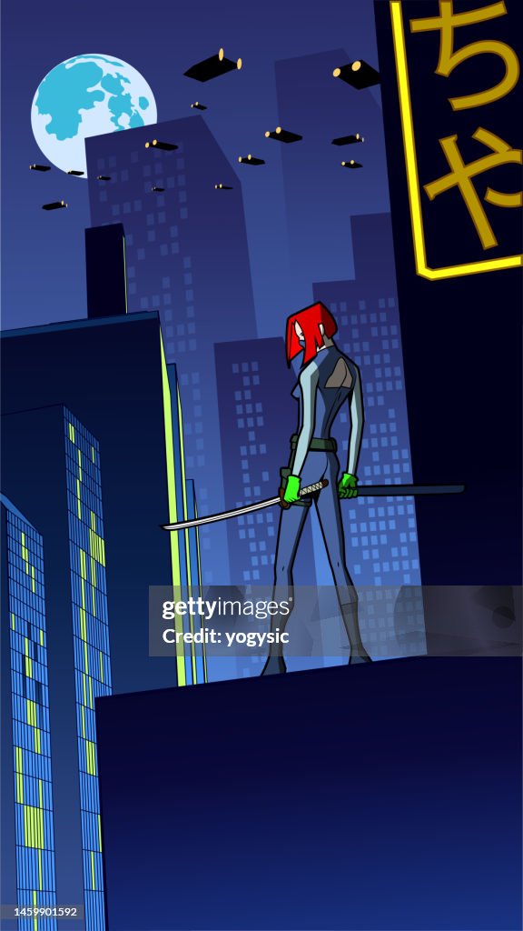 Vector Anime Style Female Assassin in a Cyberpunk City Vertical Stock Illustration