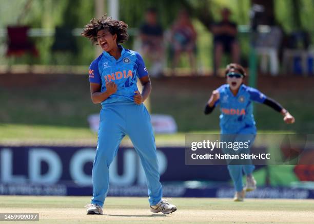 Titas Sadhu of India celebrates after Emma McLeod of New Zealand is dismissed by leg-before-wicket during the ICC Women's U19 T20 World Cup 2023 Semi...