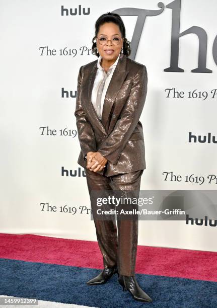 Oprah Winfrey attends the Los Angeles Red Carpet Premiere Event for Hulu's "The 1619 Project" at Academy Museum of Motion Pictures on January 26,...