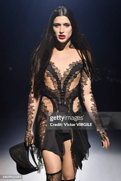 Model walks the runway during the Mugler Ready to Wear Fall/Winter 2023-2024 fashion show as part of Paris Fashion Week on January 26, 2023 in Paris,...