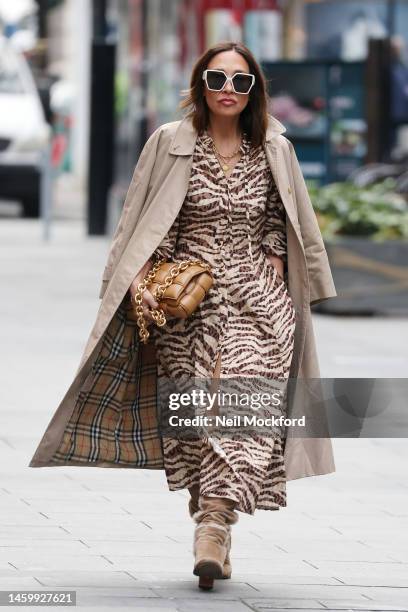 Myleene Klass arriving at Global Radio Studios on January 27, 2023 in London, England.