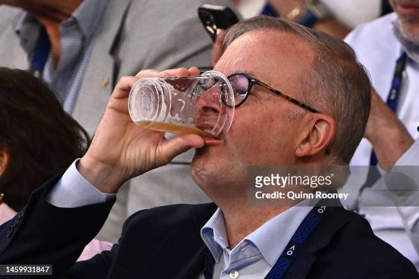 Australian Prime Minister Anthony Albanese looks on during the Semifinal singles match between Novak Djokovic of Serbia and Tommy Paul of the United...