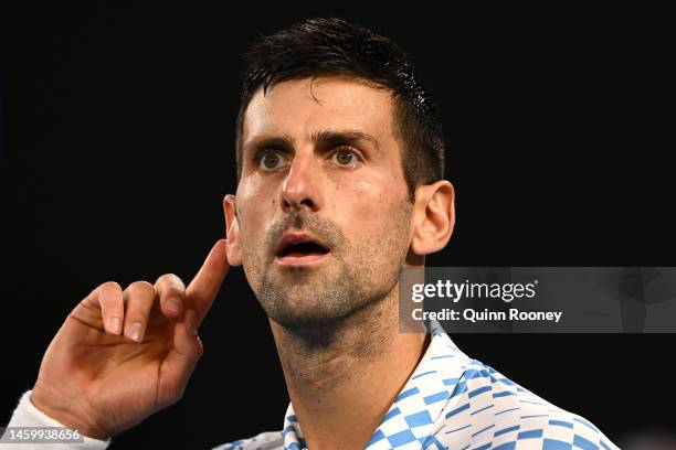 Novak Djokovic of Serbia reacts in the Semifinal singles match against Tommy Paul of the United States during day 12 of the 2023 Australian Open at...