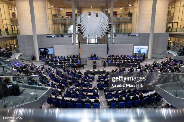 President of the Bundestag Baerbel Bas speaks during a special session of the Bundestag to commemorate victims of the Nazis during Holocaust...