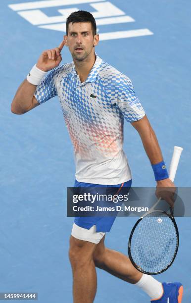 Novak Djokovic of Serbia reacts in his semi final singles match against Tommy Paul of the United States during day 12 of the 2023 Australian Open at...