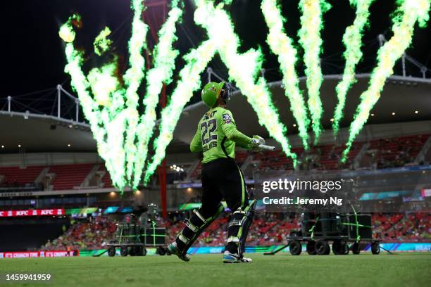 Matthew Gilkes of the Thunder run out to bat during the Men's Big Bash League match between the Sydney Thunder and the Brisbane Heat at Sydney...