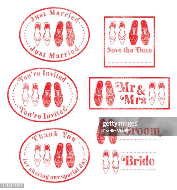 just married wedding invitation rubber stamps - save the date stock illustrations