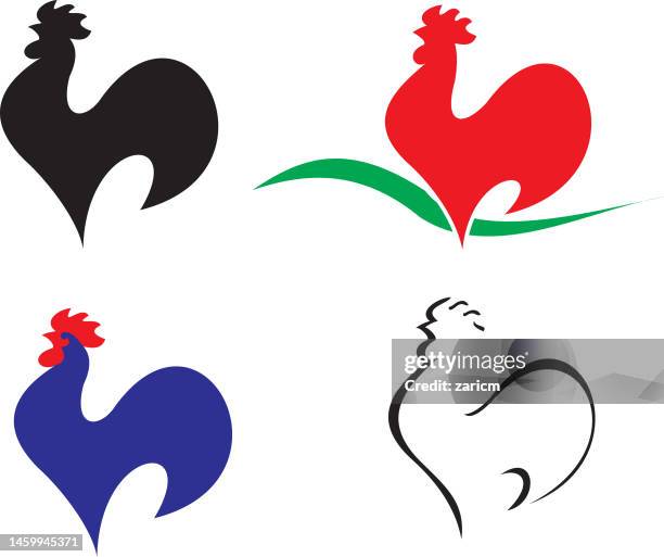 illustrazioni stock, clip art, cartoni animati e icone di tendenza di set di galli. icone stilizzate di gallo . collezione di design del logo del gallo. - cock