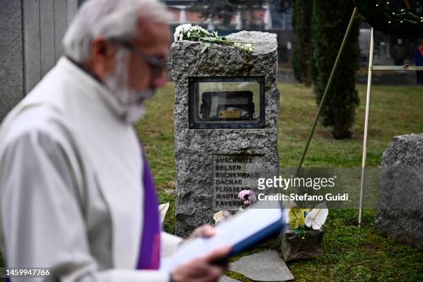 General view of monument dedicated to the soldiers who died in the Nazi concentration camps inside of the Monumental Cemetery of Turin on January 27,...