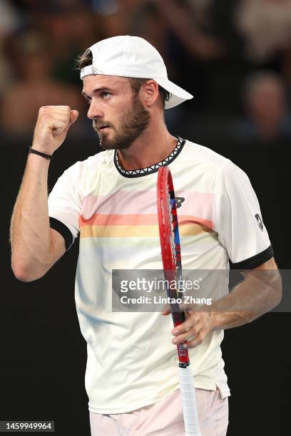 Tommy Paul of the United States reacts in the Semifinal singles match against Novak Djokovic of Serbia during day 12 of the 2023 Australian Open at...