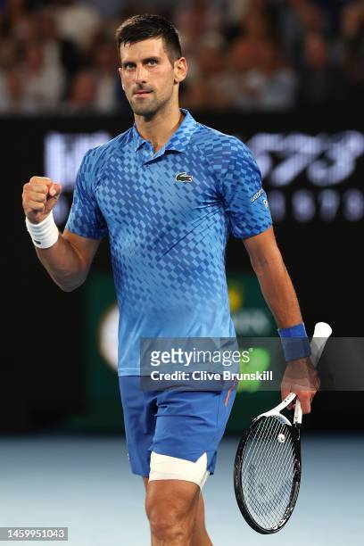 Novak Djokovic of Serbia reacts in the Semifinal singles match against Tommy Paul of the United States during day 12 of the 2023 Australian Open at...