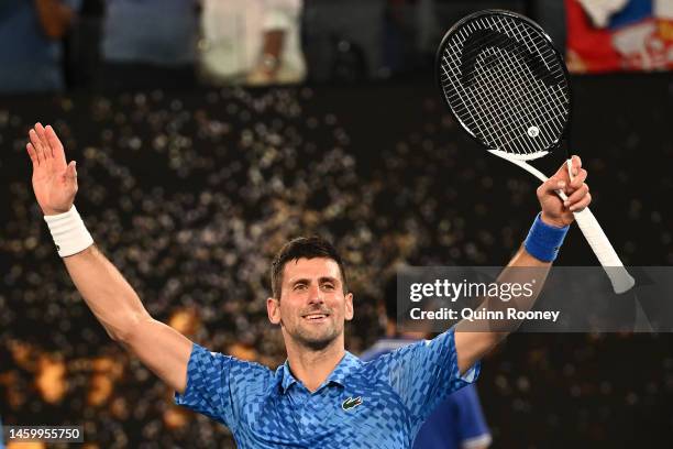 Novak Djokovic of Serbia celebrates winning in the Semifinal singles match against Tommy Paul of the United States during day 12 of the 2023...